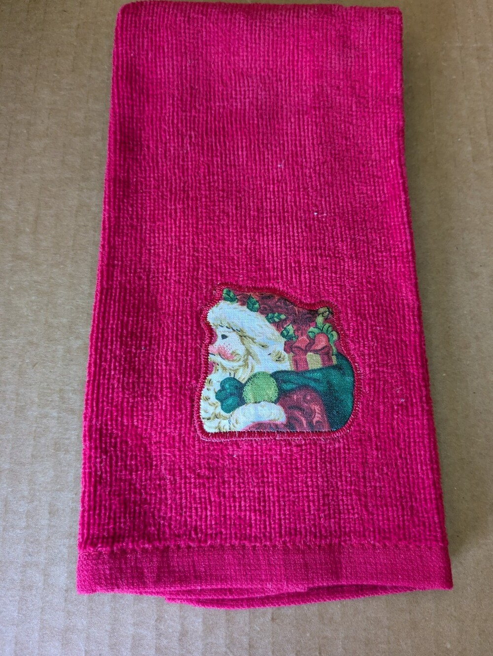 Towel Hand Towel Embroidered Santa Patch Bright Red Holiday Towel 100% Cotton